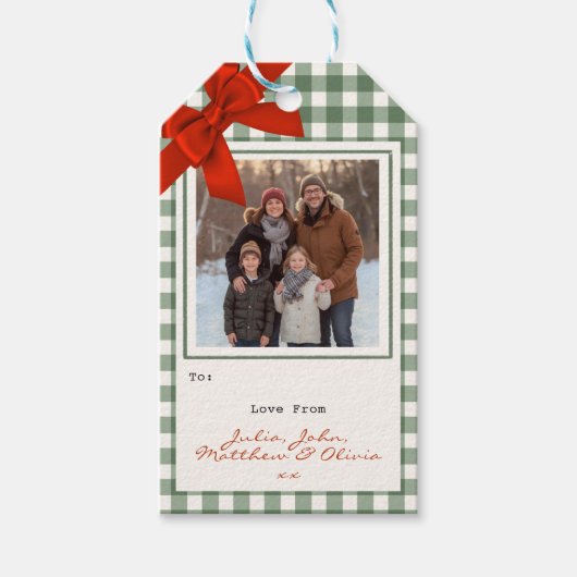 Sagegroene Gingham Plaid Foto Kerstmis Cadeaulabel (Voorkant)