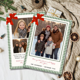 Sagegroene Gingham Plaid Multi Foto Kerstmis Feestdagenkaart