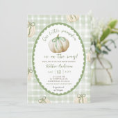 Sagegroene Gingham Pompoen Baby Shower Kaart (Staand voorkant)