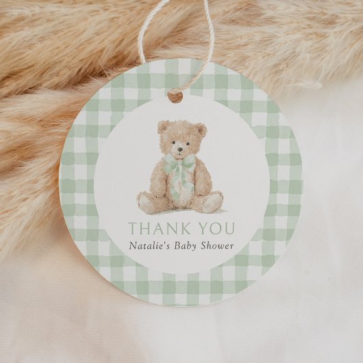 Sagegroene Gingham Teddybeer Baby Shower Bedankjes Labels