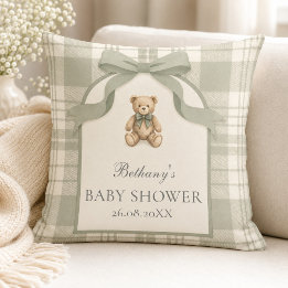Sagegroene Gingham Teddybeer Baby Shower Kussen