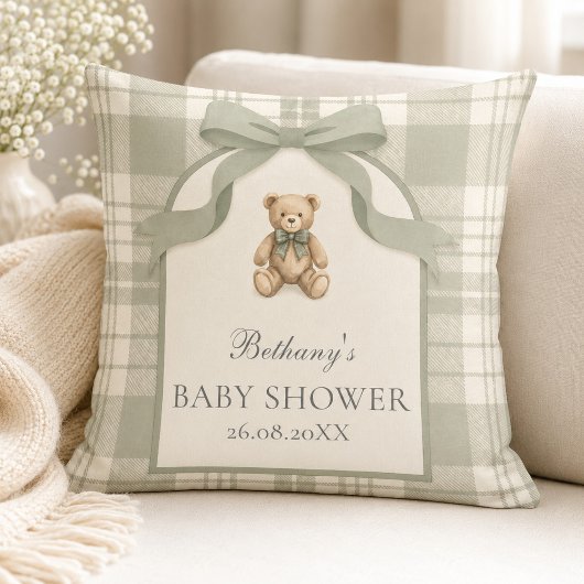 Sagegroene Gingham Teddybeer Baby Shower Kussen