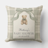 Sagegroene Gingham Teddybeer Baby Shower Kussen (Voorkant)