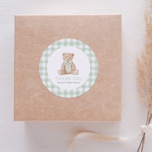 Sagegroene Gingham Teddybeer Baby Shower Ronde Sticker
