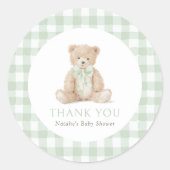 Sagegroene Gingham Teddybeer Baby Shower Ronde Sticker (Voorkant)