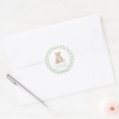 Sagegroene Gingham Teddybeer Baby Shower Ronde Sticker (Envelop)