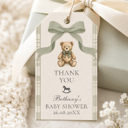 Sagegroene Gingham Teddybeer Babyshower Cadeaulabel
