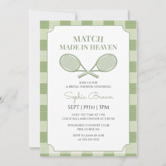 Sagegroene Gingham Tennis Bruiloftsborrel Kaart (Voorkant)