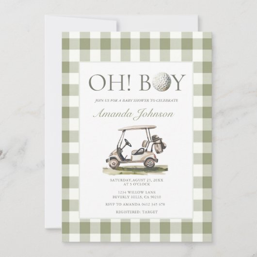 Sagegroene golfjongen babyshower uitnodiging (Voorkant)