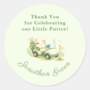 Sagegroene Golfkar Baby Shower Favor Ronde Sticker