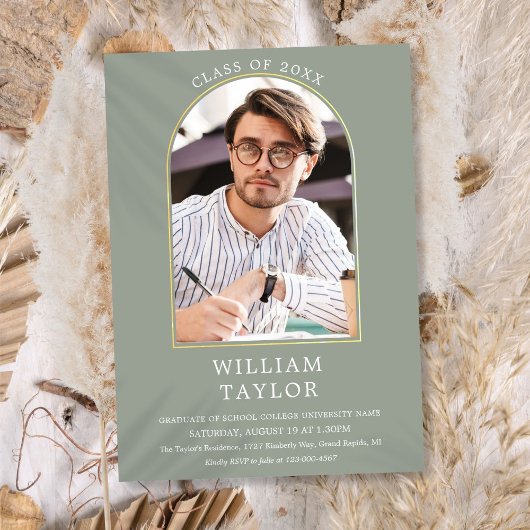 Sagegroene Gouden Boog Foto Afstudeerfeest Uitnodi Kaart