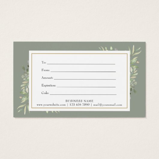 Sagegroene gouden groenbladeren zakelijk cadeaubew visitekaartje (Achterkant)