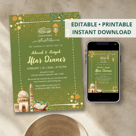 Sagegroene & Gouden Moskee Ramadan Iftar Uitnodigi Kaart