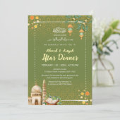 Sagegroene & Gouden Moskee Ramadan Iftar Uitnodigi Kaart (Staand voorkant)