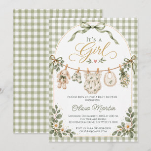 Sagegroene 'Het is een meisje' waslijn baby shower Kaart