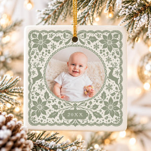 Sagegroene kanten papercut vintage babyfoto keramisch ornament