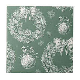 Sagegroene Kerstkrans Toile Ivoorsneeuwvlokken Tegeltje