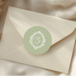 Sagegroene klassieke wapenschild monogram ronde sticker