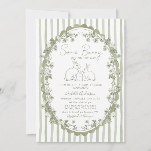 Sagegroene Konijn Baby Shower Uitnodiging (Voorkant)