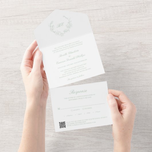 Sagegroene krans monogram QR-code elegante bruilof All In One Uitnodiging (Afscheurbaar)