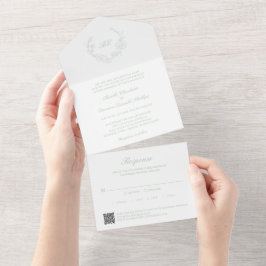 Sagegroene krans monogram QR-code elegante bruilof All In One Uitnodiging