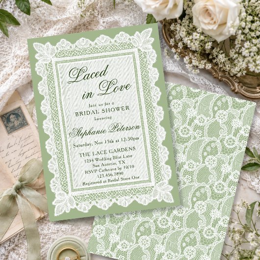 Sagegroene Lace Bruiloftsshower 'Laced in Love' Kaart
