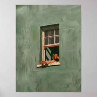 Sagegroene Lezer bij Raam Olie Schilderkunst Kunst Poster