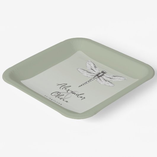 Sagegroene Libelle Bruiloft Papieren Bordje (Gebogen)