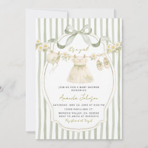 Sagegroene madeliefjes waslijn babyshower uitnodig kaart
