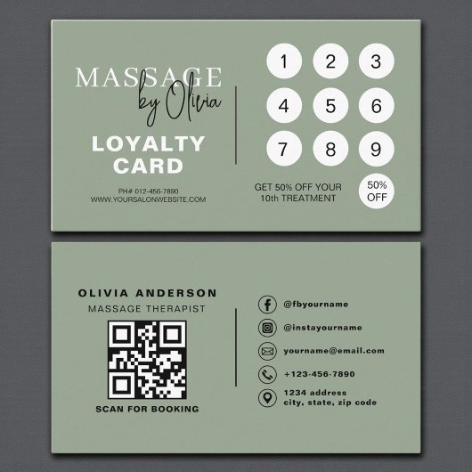 Sagegroene massagetherapeut QR-code loyaliteitskaa Klantenkaartje