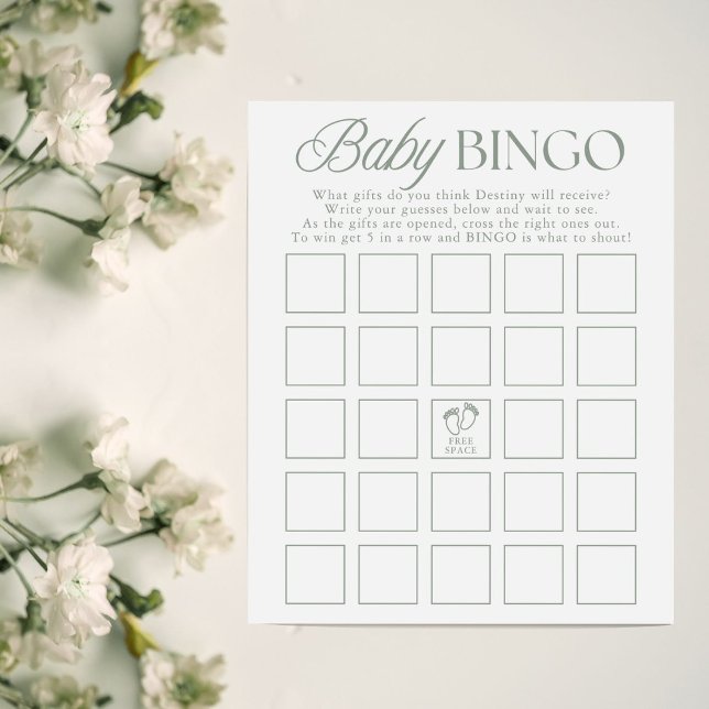 Sagegroene Minimalistische Baby Shower Bingo Game (Creator heeft geüpload)