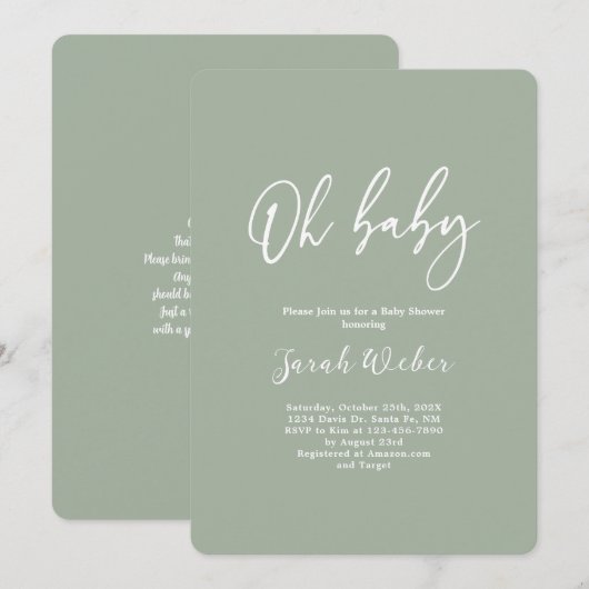Sagegroene minimalistische babyshower uitnodiging (Voorkant / Achterkant)