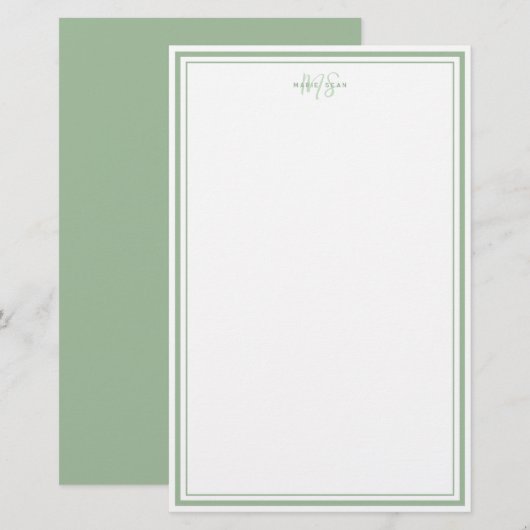 Sagegroene Minimalistische Eenvoudige Monogram Twe Briefpapier (Voorkant / Achterkant)