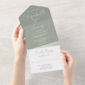 Sagegroene Minimalistische Elegante Script Bruilof All In One Uitnodiging (Afscheurbaar)