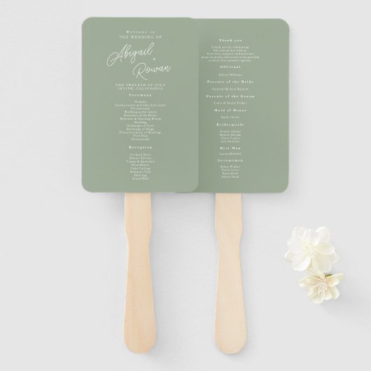 Sagegroene Minimalistische Huwelijksprogramma Handwaaier (Voorkant en achterkant)