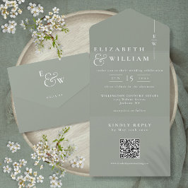 Sagegroene minimalistische monogram QR-code trouwd All In One Uitnodiging