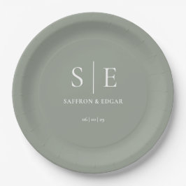 Sagegroene Minimalistische Monogram Trouwdag Papieren Bordje