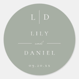 Sagegroene Minimalistische Monogram Trouwfavoriet Ronde Sticker