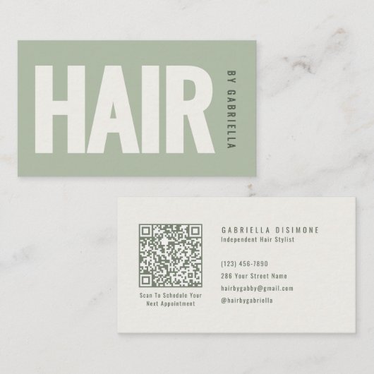 Sagegroene Minimalistische QR-code voor Kapsalon Visitekaartje (Voorkant / Achterkant)