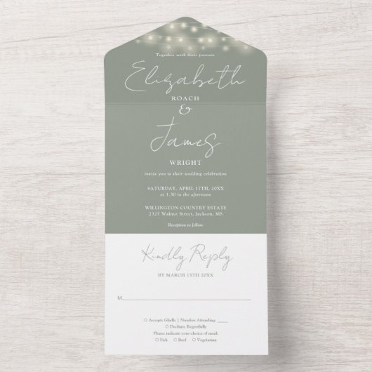 Sagegroene Minimalistische Script Slingerlichtjes All In One Uitnodiging (Binnen)