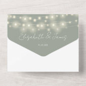 Sagegroene Minimalistische Script Slingerlichtjes All In One Uitnodiging (Achterkant)
