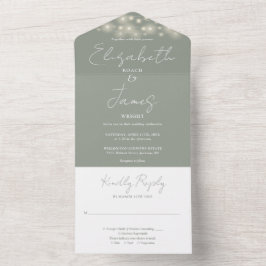 Sagegroene Minimalistische Script Slingerlichtjes All In One Uitnodiging