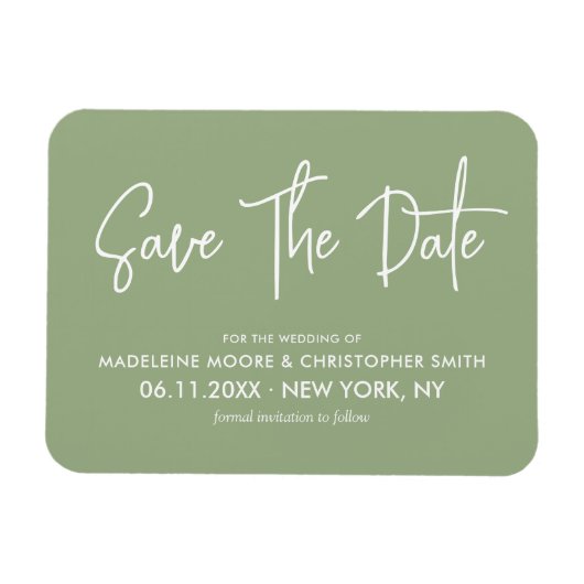 Sagegroene moderne kalligrafie save the date magneet (Horizontaal)