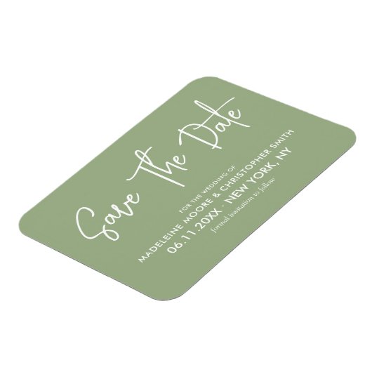 Sagegroene moderne kalligrafie save the date magneet (Linkerzijde)