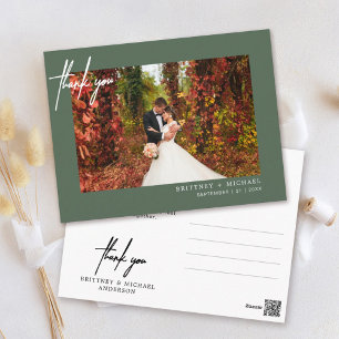 Sagegroene moderne script foto trouw bedankt briefkaart