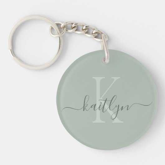 Sagegroene Monogram met Initiële Naam Sleutelhanger (Voorkant)