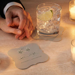 Sagegroene Olijftak Monogram Bedankkaart Kartonnen Onderzetters