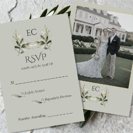 SageGroene Olijftak Monogram Foto Bruiloft RSVP Kaartje