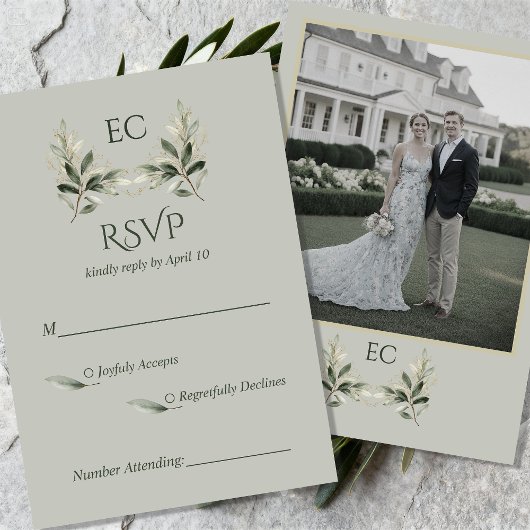 SageGroene Olijftak Monogram Foto Bruiloft RSVP Kaartje