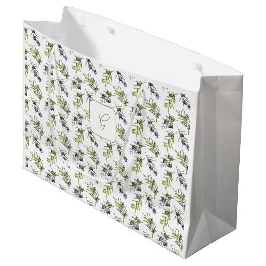Sagegroene olijven waterverf monogram naam groot cadeauzakje (Voorkant Gekanteld)
